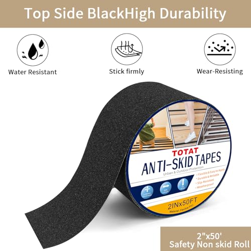 Image of Black Anti-Slip Stair Treads Tape2 x50FT Heavy Duty PVC Non-Skid Grip Tape for Wooden Steps, Indoor /Outdoor Stairs, Pool Decks - Peel & Stick Waterproof Safety Traction