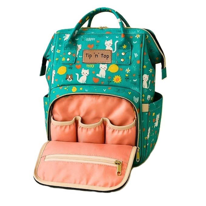 Baby Diaper Backpack, Waterproof, 22L Capacity, Turquoise Cat Print, Multiple Compartments with Insulated Bottle Pockets-image-31