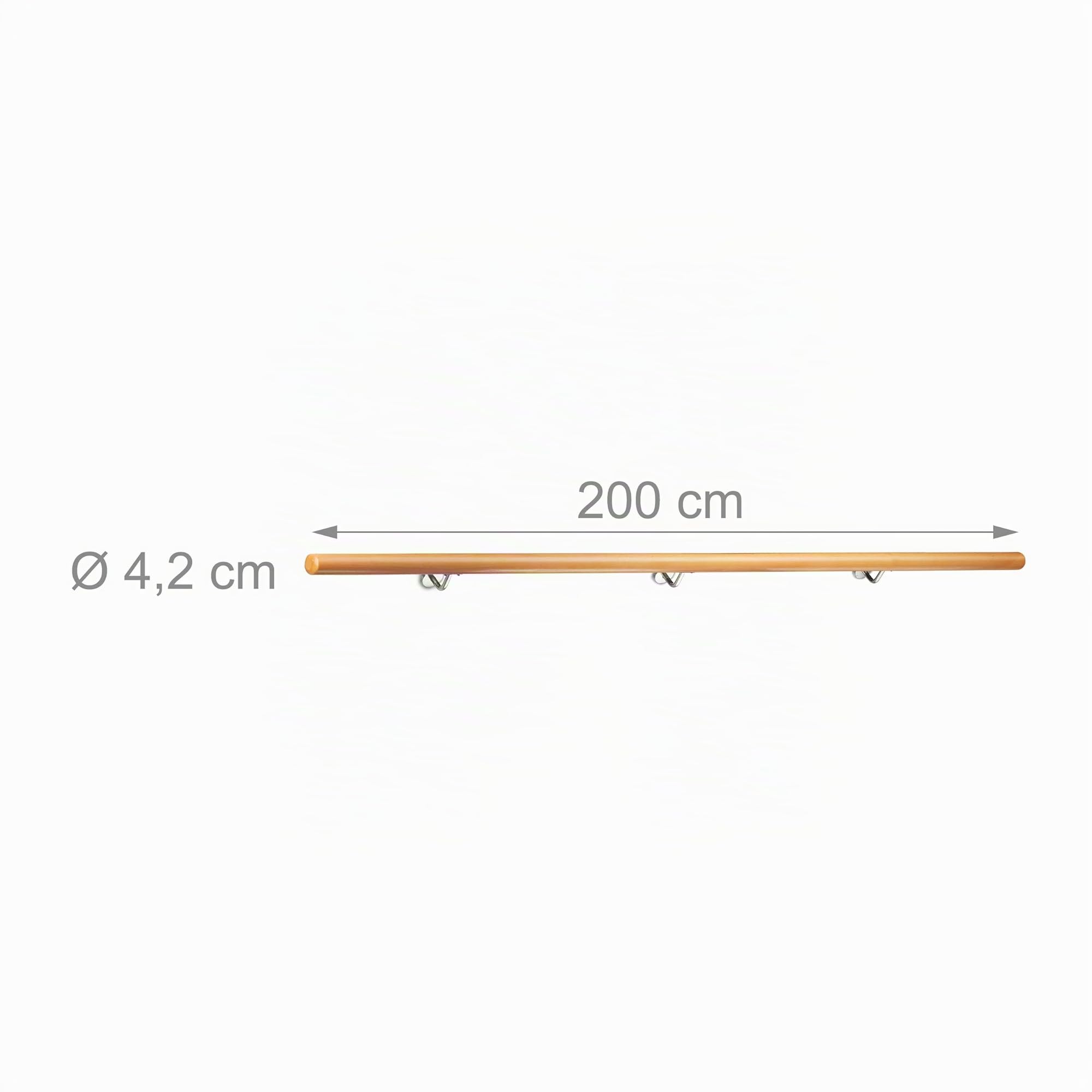 Relaxdays Main courante en bois de hêtre 2000 mm/200 cm / 2 m Fixation murale avec chevilles, Ø 42 mm