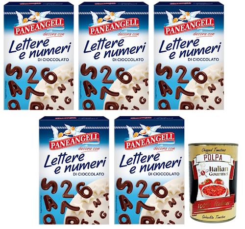 Paneangeli Lettere e Numeri di Cioccolato - Lote de 5 letras y números de chocolate para decorar postres, paquete de 60 g + lata italiana gourmet Polpa di Pomodoro de 400 g