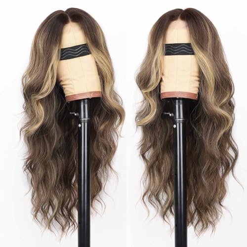 Image of AISI HAIR Mocha Brown Balayage wig Wig for Women, Long Wavy Lace Hairline Middle Part Synthetic Heat Resistant Wig for Daily Party-26 Inch