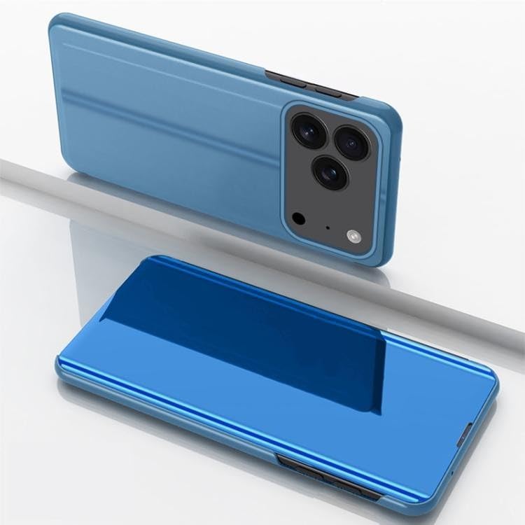 Étui arrière rigide iPhone 17 bleu avec clapet cuir miroir