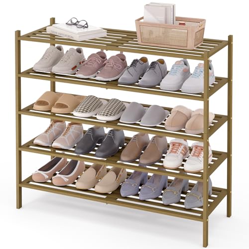Image of Smiry Bamboo Shoe Rack, 5 Horizontal Slats, 5 Tier - 33.9 inch Wide, Walnut