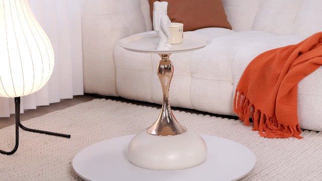 Modern Round Side Table with Gold Pedestal Base, Black Metal Top, Accent End Table for Living Room (White)