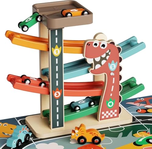 Paisure Wooden Car Ramp Toy for Toddlers 2-3, Dinosaur Wooden Race Track with 6 Cars(Dinosaur & Racing), Montessori Toddler Toy, 4-Level Ramp Racer for 2 3 Year Old Boys Girls