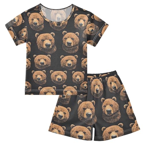 ALAZA Brown Bear Black Pajamas Set Short Sleeve Cotton Sleepwear Summer Pjs 2 Piece 5-14Y