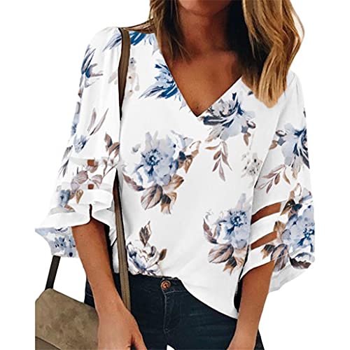 Chemise à imprimé rétro femmes col en V et manches trompette chic