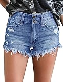luvamia Women Casual High Waisted Denim Shorts Frayed Raw Hem Ripped Jeans Shorts B Nightfall Blue Size Medium Fits US 8-10