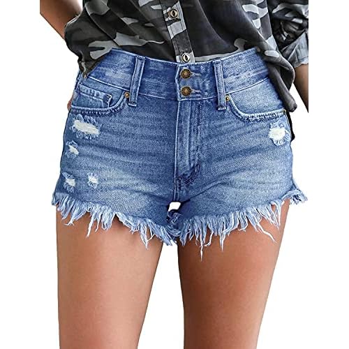 luvamia Women Casual High Waisted Denim Shorts Frayed Raw Hem Ripped Jeans Shorts Small B Nightfall Blue