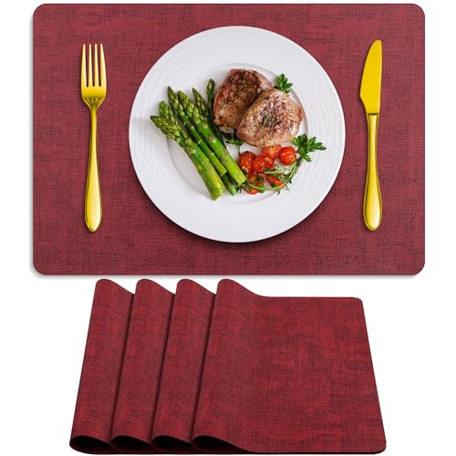 Placemats Set of 4 Washable, Heat Resistant Table Placemats Wipeable Faux Leather Place Mats Non Slip, Waterproof Square Table Mats for Indoor Outdoor, Wine Red