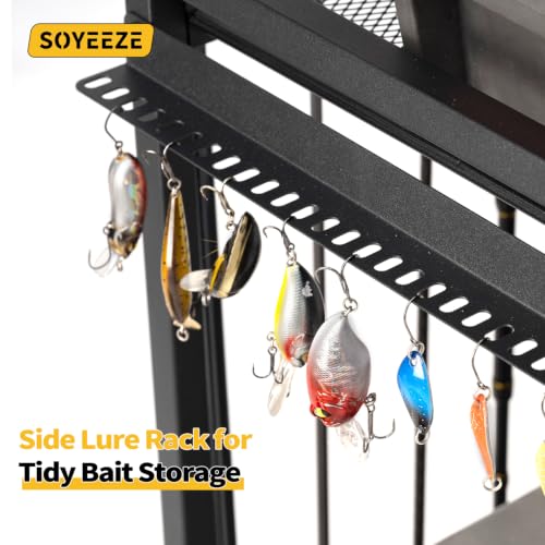Image of SOYEEZE Fishing Rod Holders for Garage, Fishing Pole Holder Up to 12 Rods with Pegboard and Hooks,Rolling Fishing Cart with Wheels, Fishing Gear Storage For Tackle Box & Reel Organization-4 Side Fence