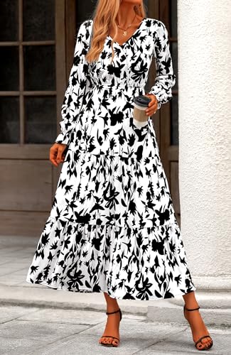 BTFBM Women Fall Dresses 2025 Casual Long Sleeve V Neck Maxi Dresses Floral Boho Long Dress Wedding Guest Dress