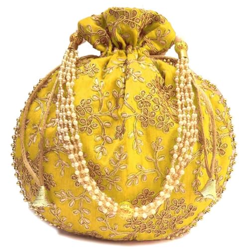 Estationeryhouse Bolso de mano hecho a mano para mujer, de seda, estilo indio, para fiesta, boda, regalo tradicional, Amarillo, 22x20 cm