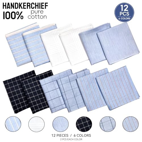 Image of Men's 12pcs 100% Cotton Checkered Handkerchiefs Gift Box, 15.75 Inch Soft Breathable Absorbent Large Pocket Squares