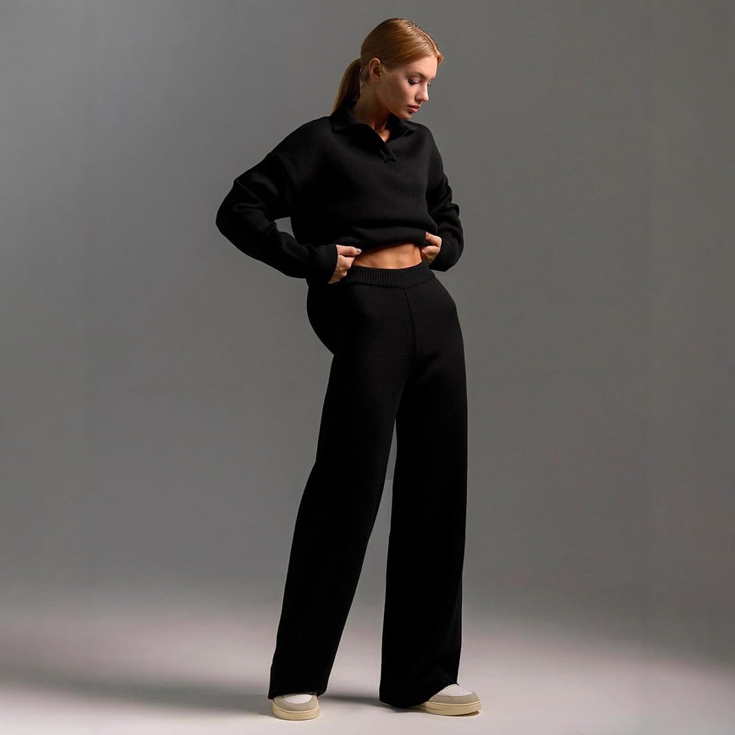 Damen Strickoutfit V-Ausschnitt Pullover mit geraden Weitbein Hosen Elegantes einfarbiges Set