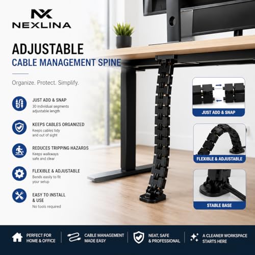 Image of Cable Management Kit, Adjustable Quad Entry Flexible Spine Wire Organiser, Desk Cord Snake System for Home Office, Computer, TV and Workstation (34 Cord Snake - White)
