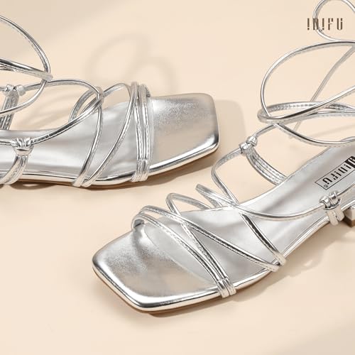 Image of IDIFU Strappy Lace Up Flat Sandals for Women Tie Up Square Open Toe Ankle Wrap Straps Dressy Gladiator Summer Beach Wedding Party Ladies Comfortable Cute Casual Dress Sandals