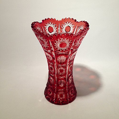 Bohemian Lead Crystal Vase, Cranberry Red, 6.1" Tall, Cased, Hand Cut to Clear Overlay, Czech Art Glass