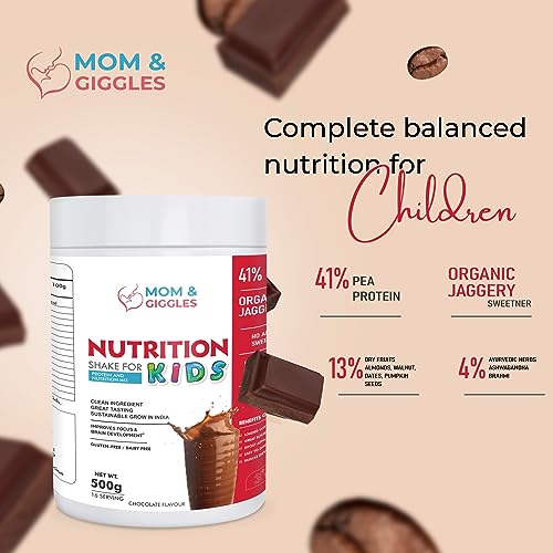Image of MOM & GIGGLES Plant Based Protein Powder| Vegan protein Powder | Pea Protein Powder | Kids Nutrition Shake - With Shaker - (Banana Flavour) Pack of 1-500 gm