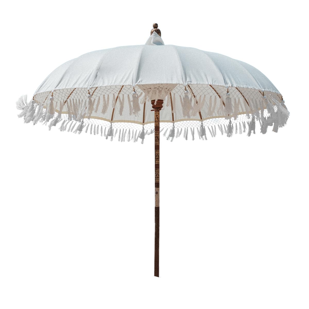 newgarden - BALI Ombrellone in tessuto e frange per esterni, spiaggia, giardino Ø 180 cm pieghevole. Struttura in legno di bambù per terrazza e balcone. Colore bianco