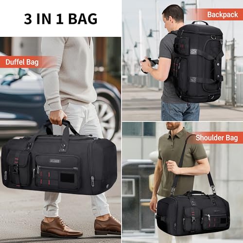 WITZMAN Travel Duffel Bags for Men Large Carry On Weekender Overnight Bag 3 in 1 Backpack with Shoe Compartment （B693 Black）2