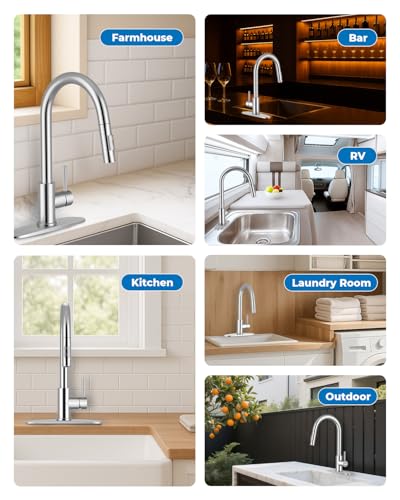 Image of WEWE Kitchen Faucet with Pull Down Sprayer, Polished Chrome SUS304 Stainless Steel Kitchen Sink Faucets, High Arc Single Handle Faucet for Kitchen Sink, Commercial Modern Farmhouse RV Utility Faucet