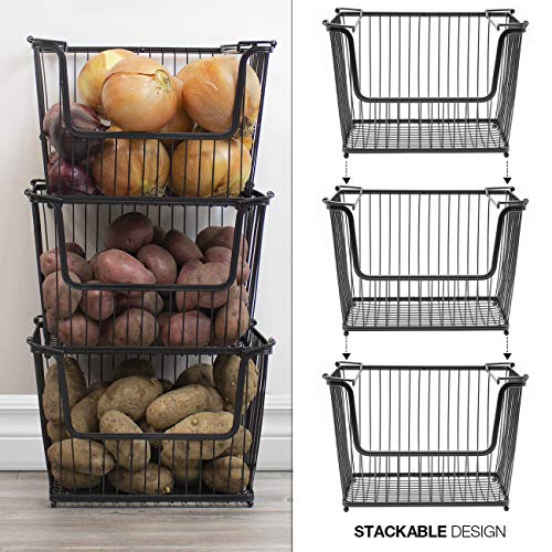 Sorbus Wire Metal Basket Bin, Stackable Storage Baskets, Cubby Bins for Food, Kitchen, Home, Pantry Snack, Vegetable, Potato, Onion, Laundry Room, Office, Farmhouse, Iron Metal (3-Pack, Black) - Image 3
