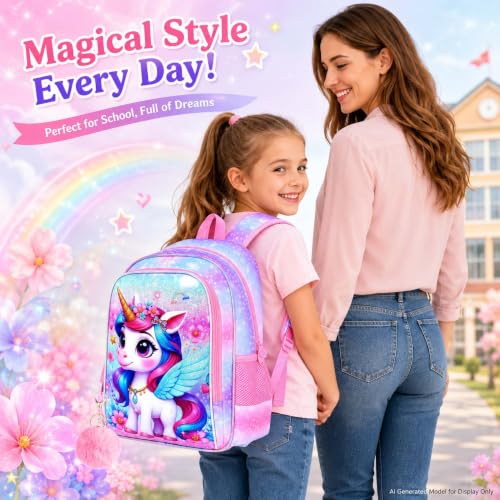 Image of WZLVO 3PCS Kids Backpack for Girls, Unicorn Dinosaur Animal Prechool Elementary Kindergarten School Bookbag with Lunch Box