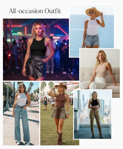 Image of Popilush Bodysuits for Women Scoop Neck Body Suits Sleeveless Thong Halter Cotton Casual Tank Top for Summer
