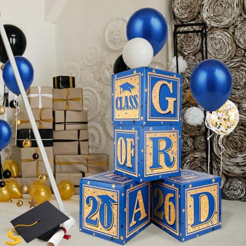 Image of 2026 Graduation Decorations Blue Class of 2026 Decorations Royal Blue and Gold Balloon Boxes with inchGRAD inch and inchCLASS OF 2026 inch Letters Graduation Boxs for High School and College Grad Announcements