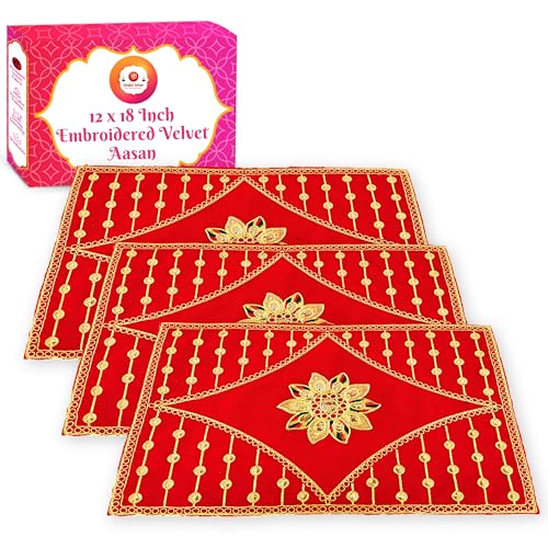 Bhakti Lehar (12 x 18 Inch) Embroidered Red Velvet Cloth for Pooja and God Idol/Puja Aasan Kapda/Chawki Altar Red Puja Cloth for Mandir, Temple and Other Puja Rituals - Pack of 3