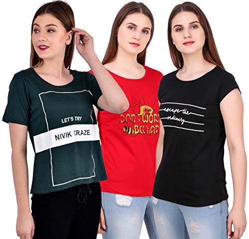 Image of MODISH women's round neck cap sleeve printed cotton t-shirts combo of 3 t-shirts