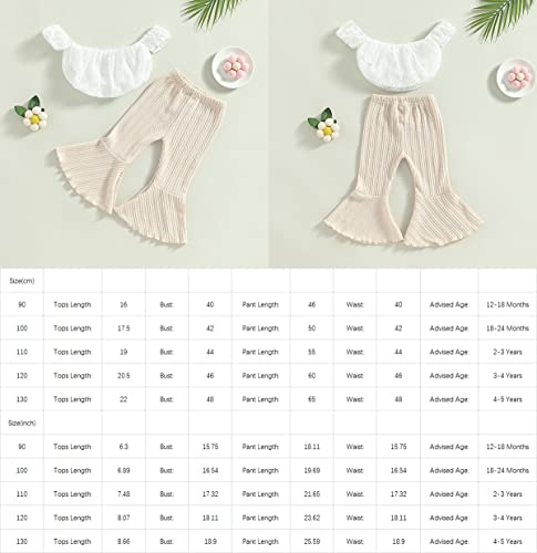 2Pcs Infant Baby Girls Summer Outfits Solid Color Off-Shoulder Lace Crop Tops + Elastic Waist Flare Pants Set (White Beige, 12-18 Months) #TOP1