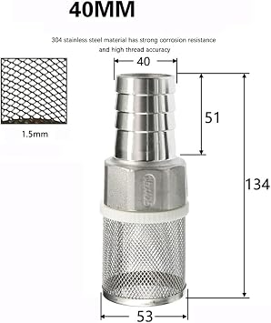 Filter Water Pump Suction Filter, 1pc Stainless Steel, Garden Irrigation Tube Car Wash Pump Stainless Steel Filter Net Mesh Water Filter(1 1/2 40mm)