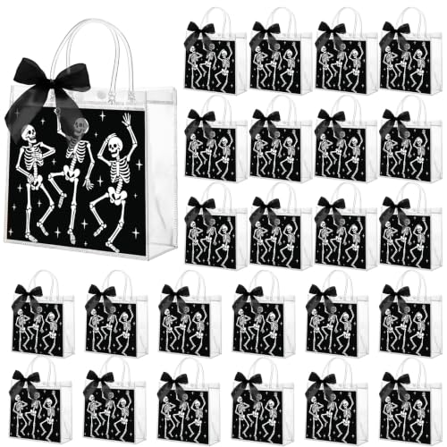 Motipuns 24 Pcs Halloween Clear PVC Gift Bags with Handles and Black Ribbon