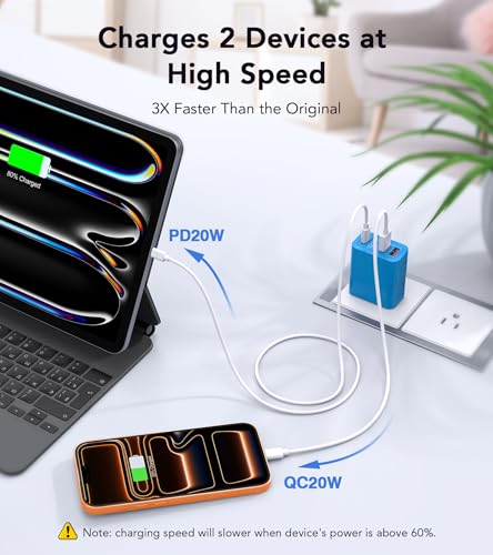 Image of [40W /2Pack] Wall Charger,USB C Charger Block, Multi-Port PD + QC 3.0 Super Fast Charging Power Plug Adapter Brick for Watch Series 9 8 7, iPhone 17 16 15 14 13 Pro Max Airpod, Samsung Galaxy S24(Blue)