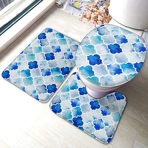 DIRYKILP Badematte + Konturmatte + Toilettendeckelbezug, modernes Vierpassmuster 3 Stück Badematte Set, mit rutschfester Klebeunterseite