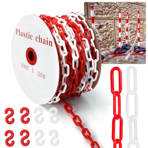 50 m Absperrkette Rot Weiß Kunststoffkette 8mm Warnkette Plastikkett Kunststoff Absperrkette mit 8 Karabinern für Barrieren in Auffahrten Arbeitsplätzen und Garagen