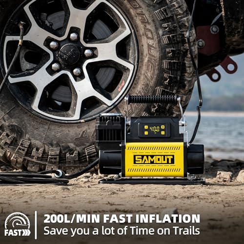 Image of SAMOUT 12V Digital Air Compressor, Offroad Portable Inflator 7.06 CFM, Air Pump Max 150PSI for Heavy-Duty Tires, with LCD Control Panel to Preset Target Pressure, 4x4 Vehicle, SUV, RV