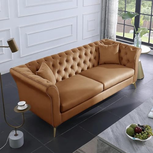 DAZZLEHOME ART Velvet Couch for Dining Room 3-Seater Chesterfield Traditional Sofa Couches Sleeper with Golden Metal Legs for Your Home Decor Living Room, Office, and Hallway, mid-Century-(Brown).