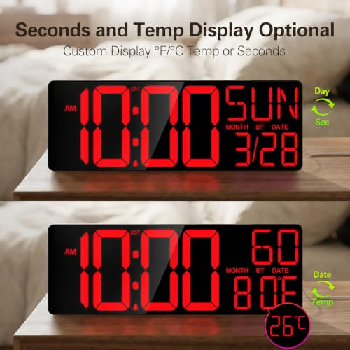 Image of JALL 18 inch Large Digital Wall Clock with Big Numbers, Remote, Timer, 12 RGB Wall Clock with Date and Temp for Teachers Seniors, Digital Clock for Arena, Gym, Living Room Classroom Decor, Red