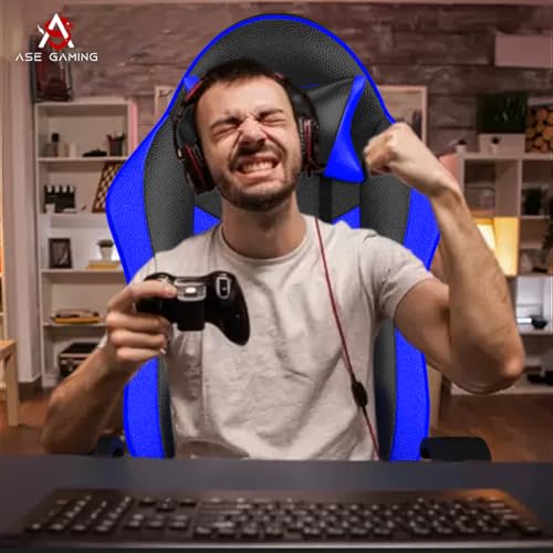 Image of ASE GAMING Ranger Series Ergonomic Gaming Chair Premium PU Leather, Adjustable Neck & Lumbar Pillow, 180 Degree Recline with Black Metal Base (Blue)