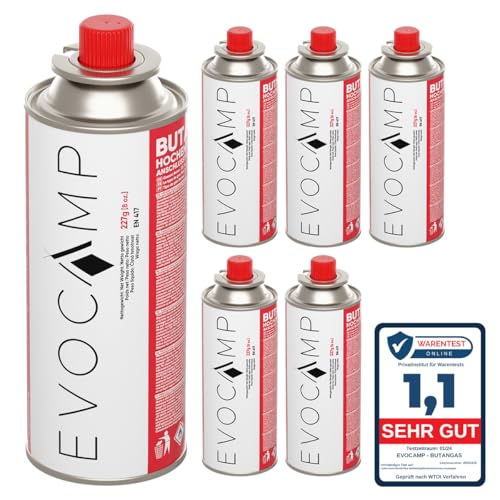 EVOCAMP 6X Stück Butan Gaskartuschen 227g ideal für Campingkocher, Gasheizung oder Unkrautbrenner, Camping Gas Butangas Kartusche Typ MSF-1a