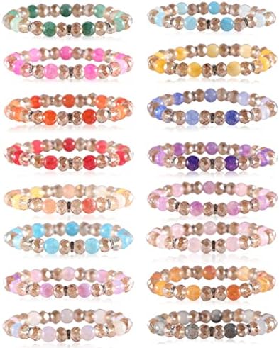 PIPITREE 16PCS Crystal Bracelet Beaded Bracelets for Women, Colorful Stackable Stretch Beads Bracelets Healing Crystals Rhinestone Spacers Anxiety Relief Gifts for Women
