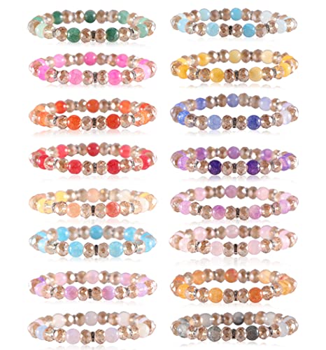 PIPITREE 16PCS Crystal Bracelet Beaded Bracelets for Women, Colorful Stackable Stretch Beads Bracelets Healing Crystals Rhinestone Spacers Anxiety Relief Gifts for Women