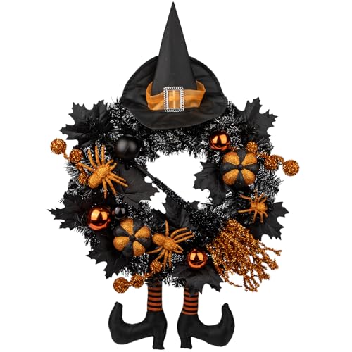Halloween Wreath for Front Door 20' Tinsel Black Witch Wreath with Hat...