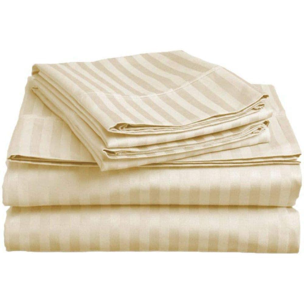 400 Thread Count Cotton Bed Sheets Set 4 PCs, 100% Egyptian Cotton, Soft Sateen Bed Sheets Set, 35 CM Deep Pocket of Fitted Sheet, Ivory Stripe, Emperor