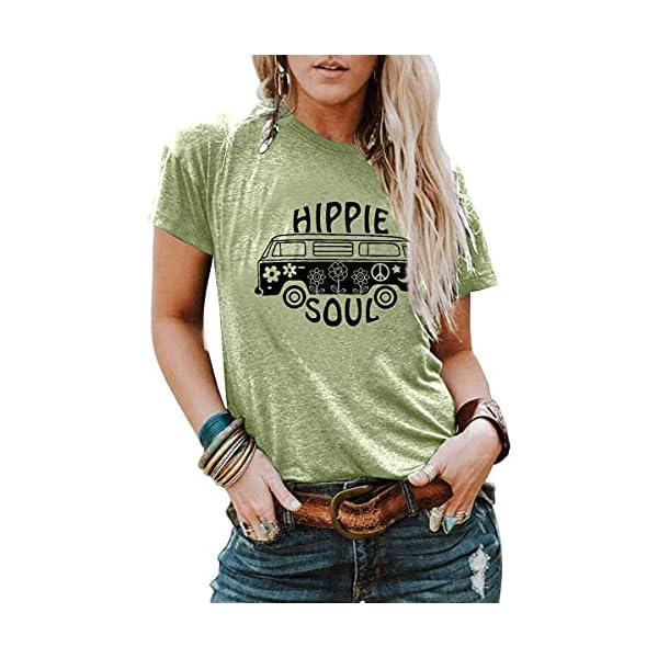 Hippie-Soul-T-Shirt-Womens-Graphic-Tee-Vintage-Shirt-Hippy-Gifts-Tops-Short-Sleeve-Clothing BLANCHES Women Summer Tops 2023 Vintage Graphic Tee Hippy Soul Tops Crew Neck Short Sleeve Casual Tees Green