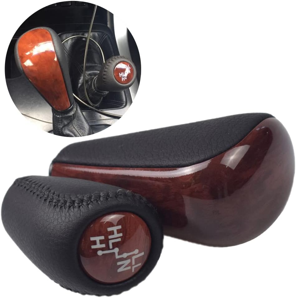 Automatic Leather with Wood 4 Speed Shift Knob + Transfer Case Fit for Toyota Prado 120 2003 2004 2005 2006 2007 2008 2009,2PCS (4 Speed-Transfer)