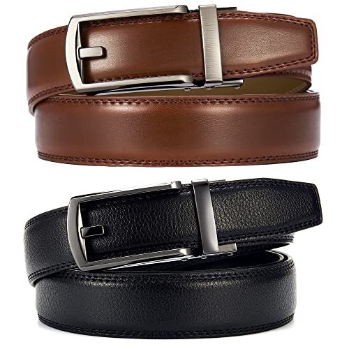 2PCS Luxury One-Size Adjustable Genuine Leather Belt Men Scratch-Resistant Dress Classic Black Gift Box3